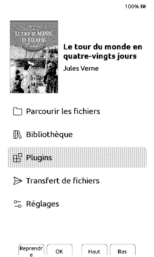 Écran d'accueil de CrossPoint une fois un plugin installé Image de l’écran d’accueil de la liseuse Xteink X4 munie du pilote CrossPoint et d’une entrée vers un menu Plugins disponible une fois l’installation d’un plugin faite