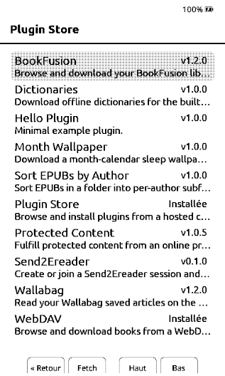 Liste des plugins du magasin de Plugin Store sous CrossPoint Image de la liste des plugins contenus dans le magasin nommé “Plugin Store”