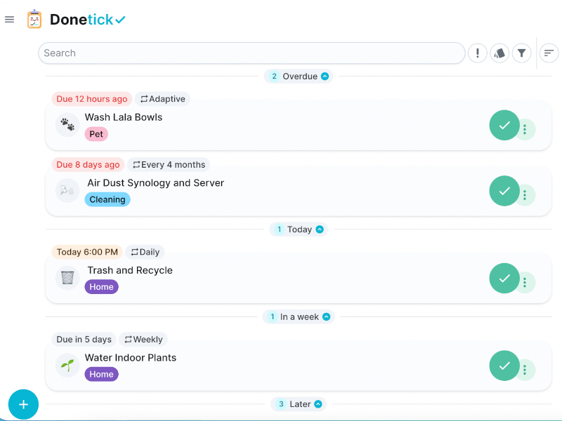 Page d&rsquo;accueil de Donetick avec une liste de tâches triées par urgence
