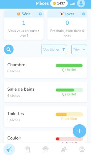 Page d&rsquo;accueil de Sweepy listant les pièces de la maison et leur état d&rsquo;avancement