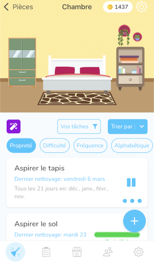 Page d&rsquo;accueil d&rsquo;une pièce dans Sweepy listant les tâches de ladite pièce, ici la chambre