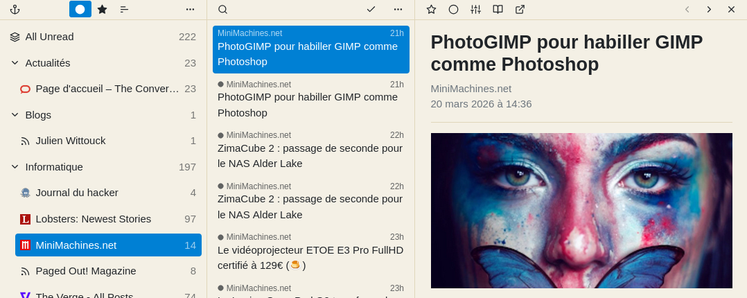 Affichage en 3 colonnes de Yarr avec le choix du flux MiniMachines.net, d’un article précis et de son affichage dans la dernière colonne