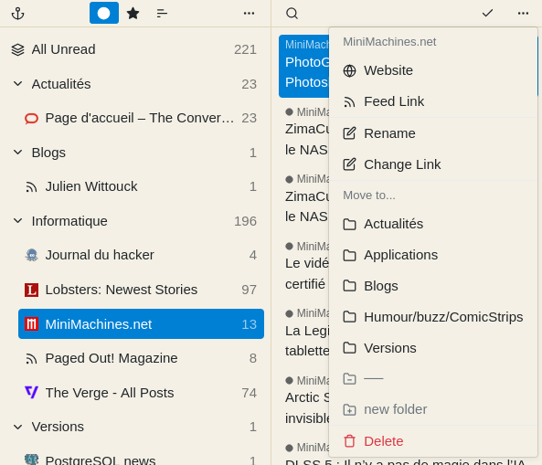 Détail des options disponible pour un flux donné dans la seconde colonne sur l’icône avec les 3 petits points