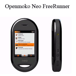 Image du Neo Free Runner, téléphone utilisé pour l'OpenMoko Vue à la fois de face et de profil du Neo Free Runner, le premier téléphone libre du monde muni d’OpenMoko