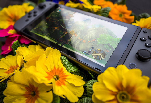 Console Nintento Switch™ avec le jeu Zelda Breath of the Wild lancé, le tout posé sur un ensemble de fleurs jaunes