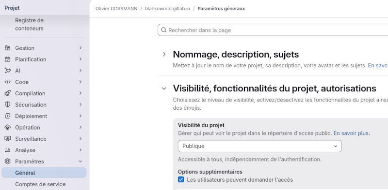 Impression écran du menu Paramètres > Général sur Gitlab