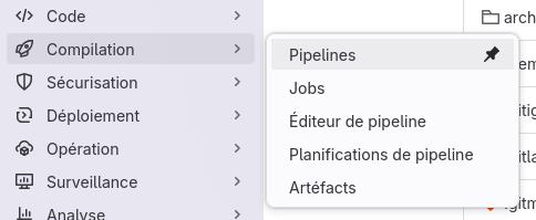 Impression écran du menu Gitlab pour accéder aux pipelines