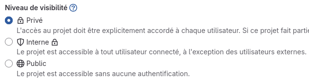 Impression écran de l&rsquo;encart « Niveau de visibilité » pour la création d&rsquo;un nouveau dépôt